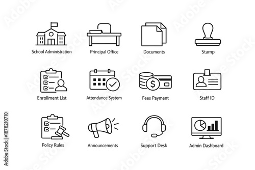 School administration icons: office, documents, enrollment, payments, support