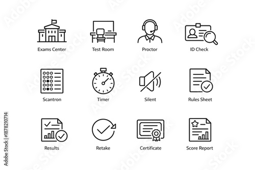 Exams center icons: test room, proctor, id check, scantron, timer, silent, rules sheet, results, retake, certificate, score report