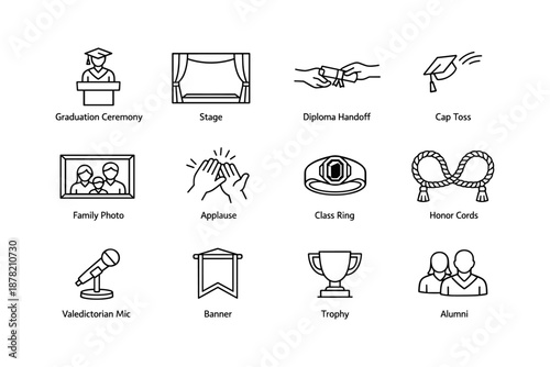 Graduation ceremony icons: cap toss, diploma handoff, alumni, trophy, stage