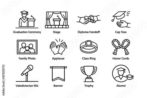 Graduation icons: ceremony elements including diploma, cap, ring, trophy, and more