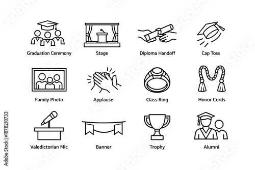Graduation ceremony elements: cap toss, diploma handoff, valedictorian mic, trophy, alumni icons