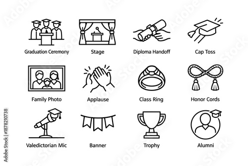Graduation ceremony icons: cap toss, diploma, family photo, applause, trophy