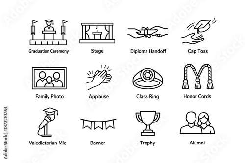 Graduation ceremony icons including stage, diploma, cap toss, and class ring