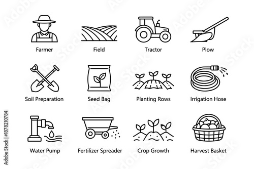 Agricultural equipment and processes: farmer, tractor, seed bag, crop growth