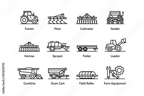 Vector icons of farm equipment: tractor, plow, cultivator, seeder, harrow, sprayer, trailer, loader