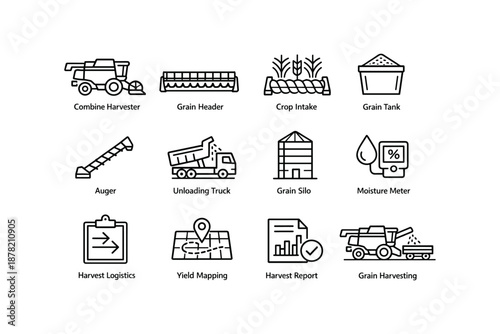 Agriculture equipment icons: harvester, silo, truck, moisture meter, logistics