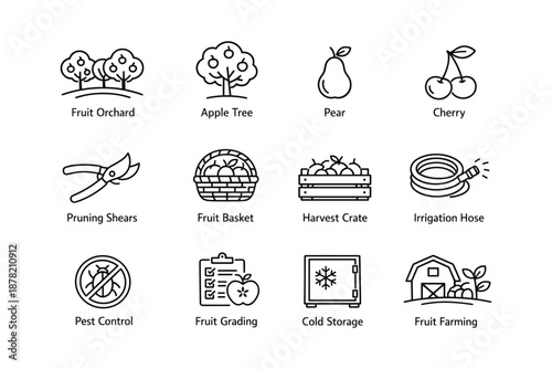 Fruit farming icons - orchard, apple tree, pear, cherry, tools and storage