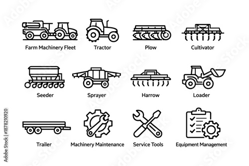 Farm machinery icons: tractor, plow, cultivator, seeder, sprayer, loader