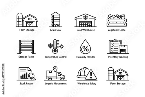 Warehouse and farm storage icons: grain silo, cold warehouse, inventory tracking
