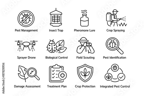 Agricultural pest management icons: spraying, biological control, drones, field scouting