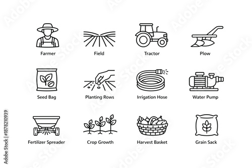 Agriculture icon set: farmer, tractor, plow, seed bag, crop growth, harvest, irrigation