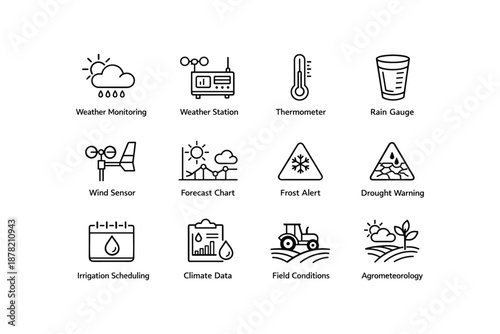 Agricultural weather monitoring icons: forecast, sensors, warnings, irrigation, climate