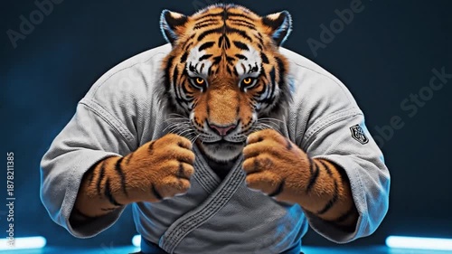 Tiger in Karate Gi Crouching Ready to Fight, Martial Arts Concept
