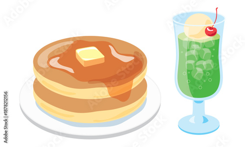 メロンクリームソーダとホットケーキの喫茶店メニュー
