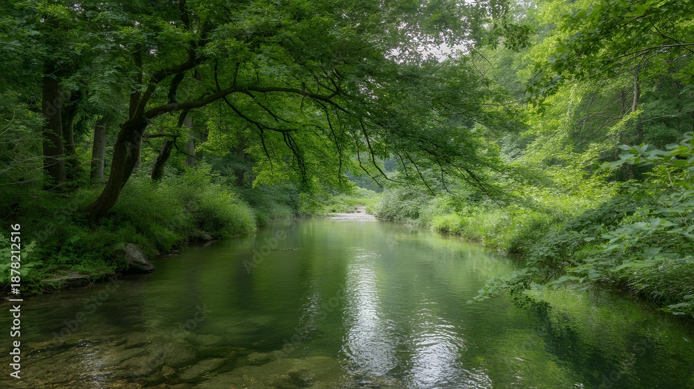 Obraz premium Peaceful Forest River With Lush Green Trees And Calm Water Creating Natural Serene Landscape
