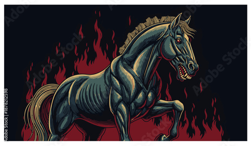 Fierce black horse illustration with fiery background