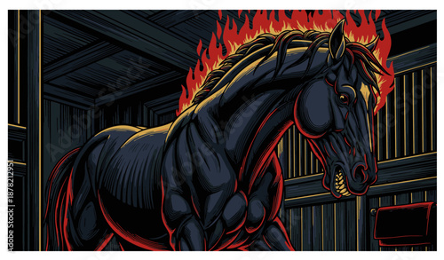 Black horse with fiery mane in dark stable, digital illustration