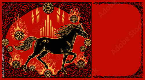 Mythical black horse surrounded by flames and mystical symbols