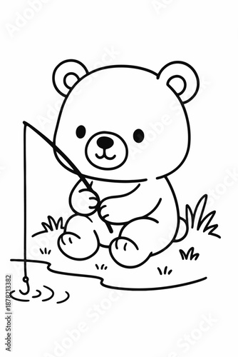 Cute teddy bear fishing happily
