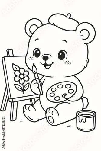 Cute cartoon teddy bear painting with smiling happily
