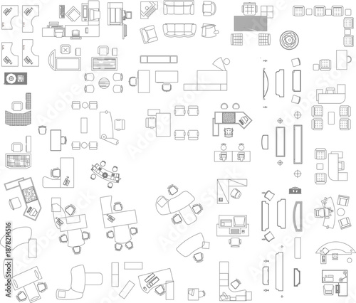 Comprehensive vector library of top-view commercial furniture, featuring diverse office workstations, executive desks, reception counters, and conference sets for professional floor plans.