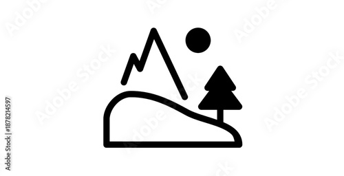 Nature landscape icon with mountains hills tree and sun minimal vector design