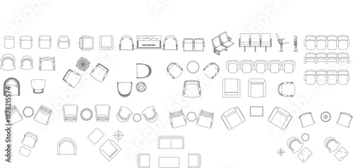 Comprehensive collection of technical vector symbols for public seating and waiting areas in top view, featuring airport-style tandem seating, theater chairs, lounge arrangements, and cafe sets.