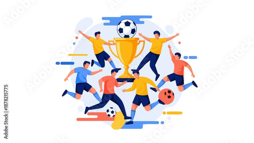 Crowd of soccer fans celebrating victory with trophy cup and ball. Vector illustration