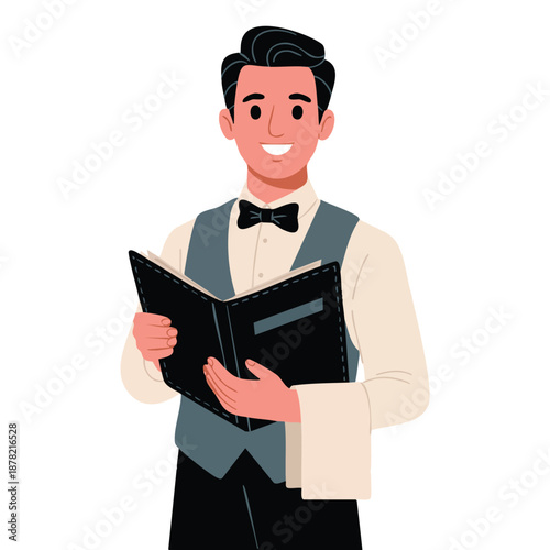 Young waiter holding menu flat vector illustration suitable for National Waiters Day hospitality event service or celebration themed creative artwork