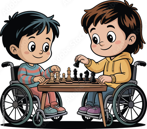 Two boys in wheelchairs playing chess together