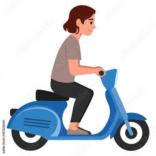 Young woman riding scooter side view girl in casual clothes driving motorbike cartoon style vector illustration perfect for urban lifestyle transportation or character design