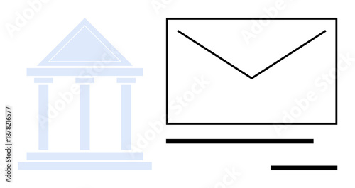 Government, legal documentation, public administration, postal services, communication systems, and information exchange. Envelope and a classic institutional building icon. Government and legal