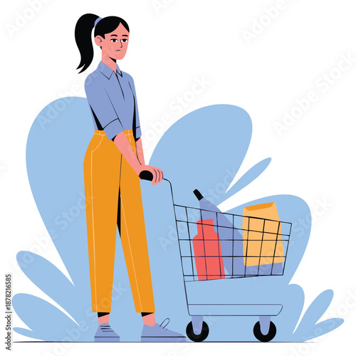 Young woman standing with shopping cart in fashionable clothes vector illustration ideal for mall supermarket shopping lifestyle and retail design themes