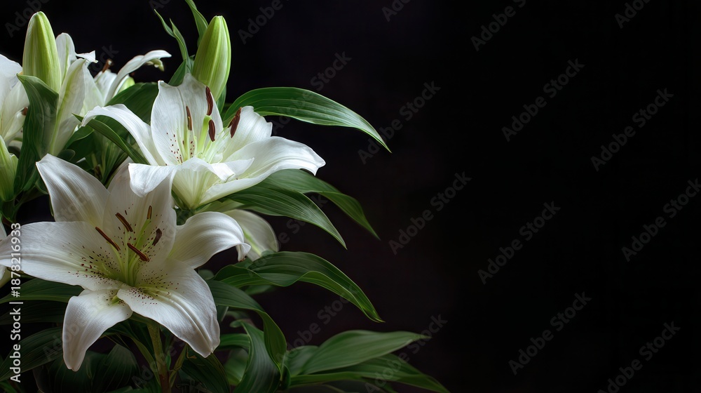 Fototapeta premium White lilies blooming against dark background