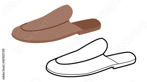 Brown mule slipper shoe women flat plus line set. Open back house sandal for lifestyle magazine cozy project. Technical fashion illustration CAD mockup mixed vector man unisex isolated stylish style.