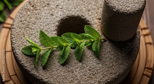 Aromatic Mint Leaves in a Line on a Textured Spice Grinder for Herbal Cuisine.