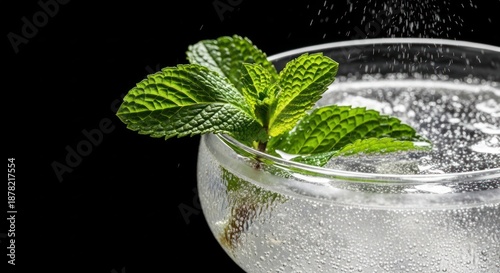 Elegant Cocktail Garnished with a Line of Mint Leaves and Sparkling Effervescence.