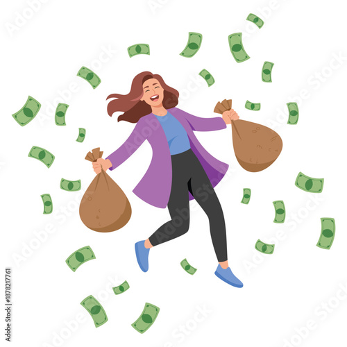 Wealthy girl with money bags happy and successful vector illustration featuring lucky rich woman millionaire ideal for finance prosperity and success visuals