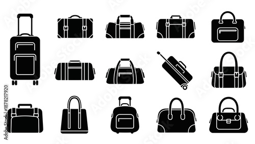 Luggage, Bag, and Travel Icon Set - Black Silhouette Vector