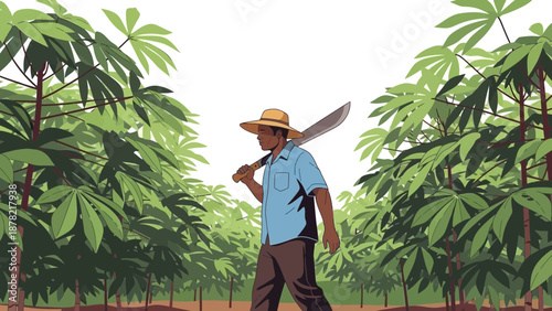 A graphic vector illustration depicts a resilient tropical farmer wearing a straw hat and a blue shirt, walking through a lush green field of cassava plants while carrying a large machete over his sho