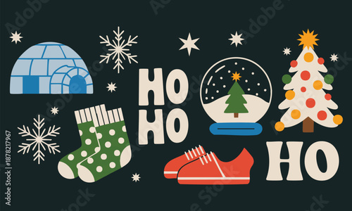 Winter holiday cartoon elements set in retro groovy style christmas tree ice igloo house snow branch and warm household items xmas items set cold season vector illustration