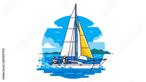 Vector Illustration of Sailboat with Crew on Blue Ocean Waves
