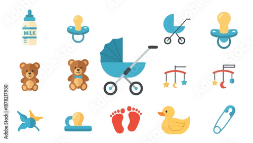 Baby Care Icon Set. Newborn Essentials. Vector Illustration.