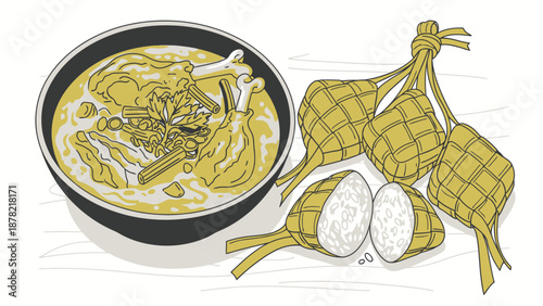 Traditional Opor Ayam Dish with Ketupat Rice Illustration
