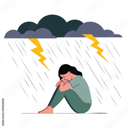 Young lonely girl sitting under storm cloud flat vector illustration cartoon unhappy woman crying perfect for depression mental disorder problem awareness and emotional design