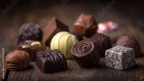Assorted fine chocolates with various textures and designs on a wooden surface.