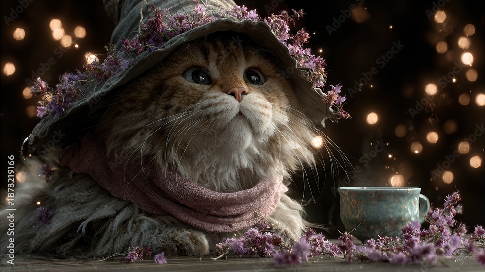 Naklejka premium cat wearing hat beside cup