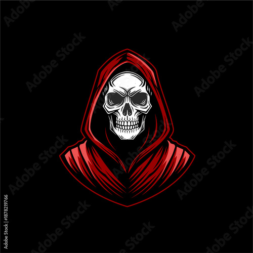 Grim Reaper Skull Mascot Logo Illustration in Red Hooded Cloak for Gaming and Esports