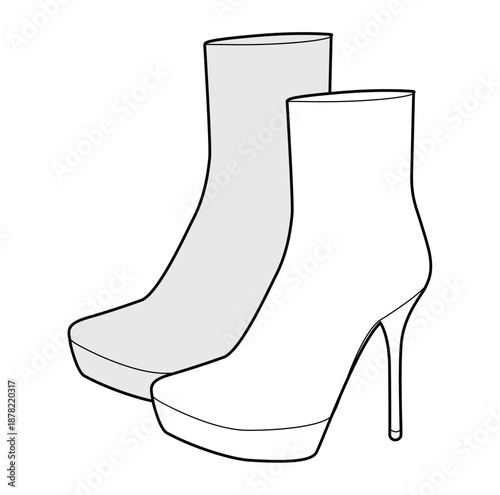 Platform stiletto heel boot women sketch pair. Bold platform with pointed heel for winter, fashion forward. Technical fashion illustration CAD mockup detailed vector men unisex isolated elegant style