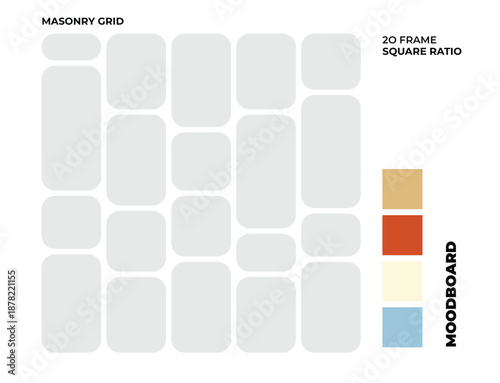 Blank masonry grid moodboard layout featuring 20 photo frames in square format for branding use